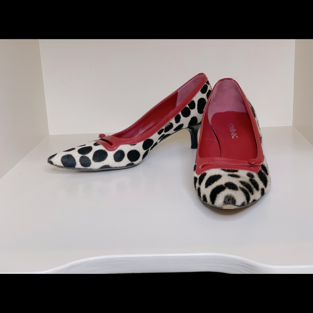 MICHELE K red, black, and white hide kitten heels